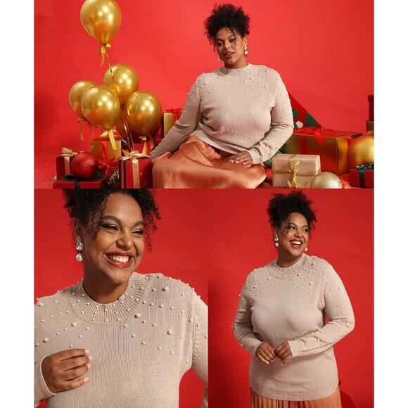 Plus Size Sweater Women Acrylic Lantern Sleeve Mock Neck XL-5XL Cozy - Picture 3 of 5